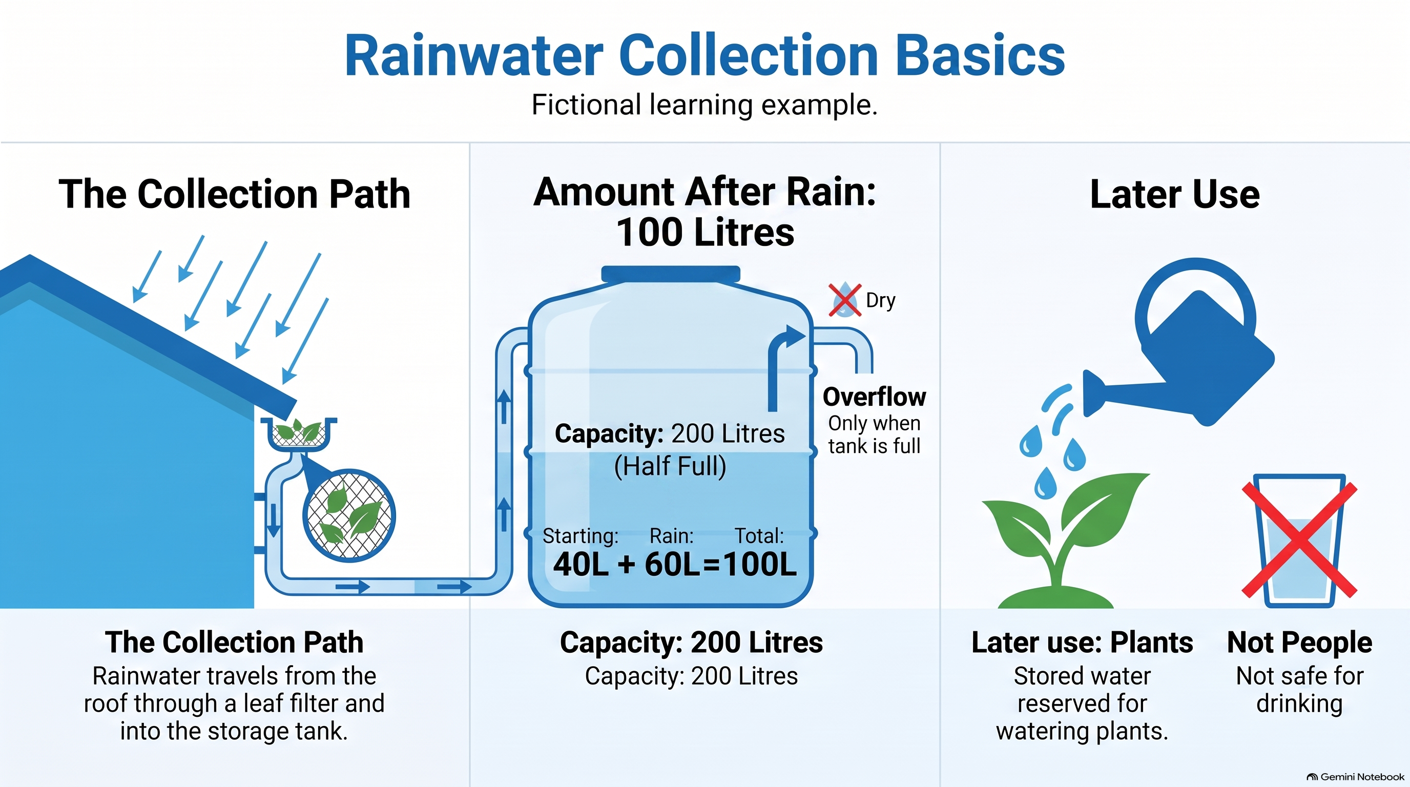 English infographic showing the rainwater route, a half-full tank, and later watering